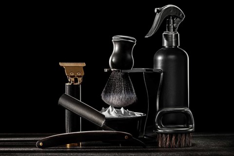 Black Tools Of Barber. Straight Edge Barber Razor Shaving Brush On Stand Beard Brush Professional
