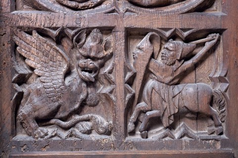 Detail of the choir stalls, fight with a dragon, St, Saint, Saint