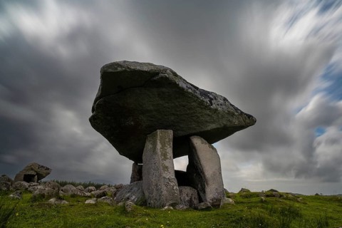 A long exposure view of the Kilclooney Dolmen in County Donegal in Ireland