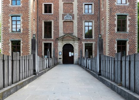 Sint-Pieters-Leeuw, Flemish Brabant Region, Belgium, 07 20 2021 The Coloma Castle entrance