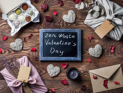 Zero waste Valentine's Day concept. Eco-friendly gift cloth wrapping in Furoshiki style, homemade