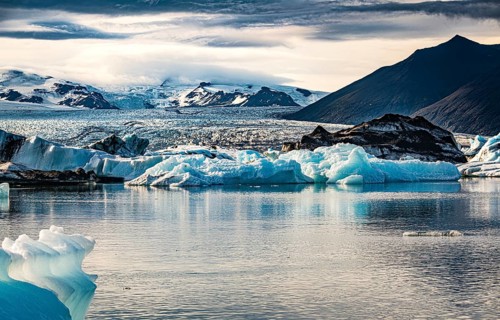 Jokulsarlon Glacier Lagoon in eastern Iceland during sunset