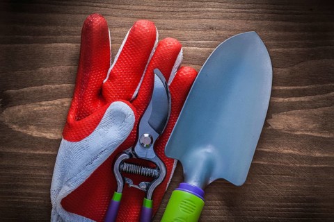 Protective glove steel gardening secateurs and trowel agriculture concept
