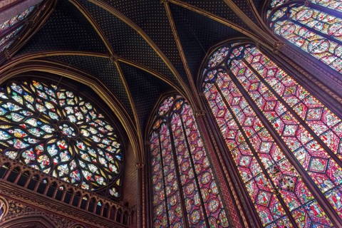 Paris, France, August 31, 2018: Sainte-Chapelle, the stained glass windows of the Upper Chapel.