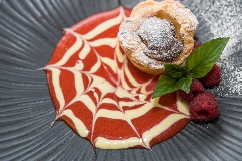 Pasteis de Nata - Portuguese custard tart with fruit sauce, raspberry for dessert