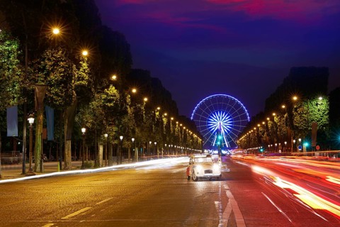 Champs Elysees in Paris and Concorde sunset at France