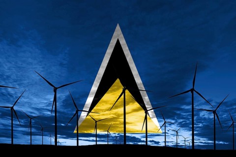 Saint Lucia flag wind farm at sunset, sustainable development, renewable energy Wind Turbines