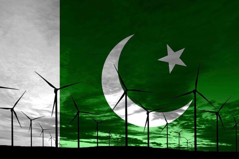 Pakistan flag wind farm at sunset, sustainable development, renewable energy Wind Turbines