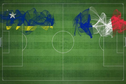 Curacao vs France Soccer Match, national colors, national flags, soccer field, football game,