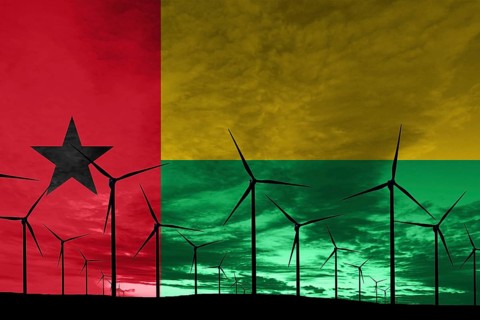 Guinea Bissau flag wind farm at sunset, sustainable development, renewable energy Wind Turbines