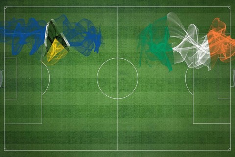 Saint Lucia vs Ireland Soccer Match, national colors, national flags, soccer field, football game,