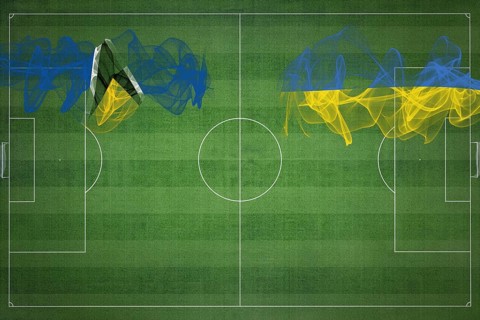 Saint Lucia vs Ukraine Soccer Match, national colors, national flags, soccer field, football game,