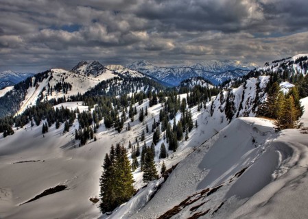 View from Seekarkreuz to Bavarian Alpine foothills, Germany, FRG, Mangfall mountains, Bavaria