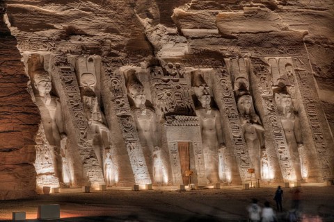 Illuminated Hathor Temple of Nefertari, Abu Simbel, Egypt