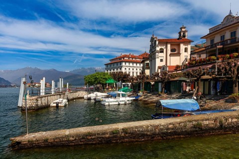 View of the landing stage with Palazzo Boromeo, Borromean Island Isola Bella in Lake Maggiore,