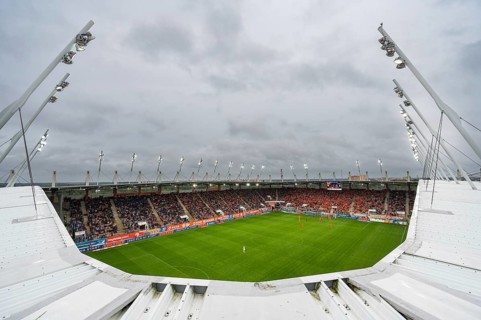 LUBIN, POLAND - AUGUST 6, 2023: Football match Polish PKO Ekstraklasa between KGHM Zaglebie Lubin