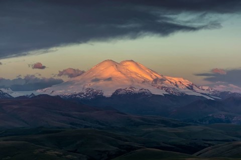 Beautiful view of Mount Elbrus at sunrise, North Caucasus mountains, Russia