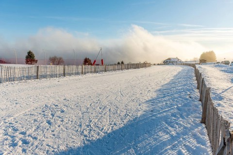 Cross-country ski trail in the snowy mountain on a sunny day. France, Vosges