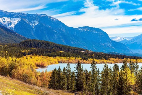 Rocky Mountains of Canada. Mountain peaks covered with glaciers and snow. This artificial Abraham