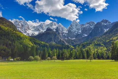 Landscape with beautiful mountains in Triglav national park in Slovenia at spring