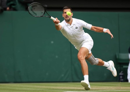 Serbian tennis player Novak Djokovic in action at the 2024 Wimbledon Championships, London,