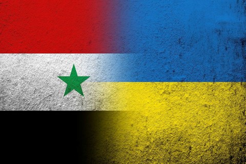 The Syrian Arab Republic National flag with National flag of Ukraine. Grunge background