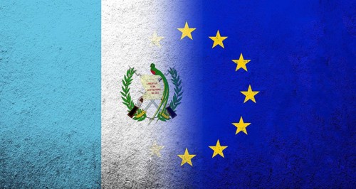 Flag of the European Union with Guatemala National flag. Grunge background