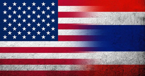 United States of America (USA) national flag with Thailand National flag. Grunge background
