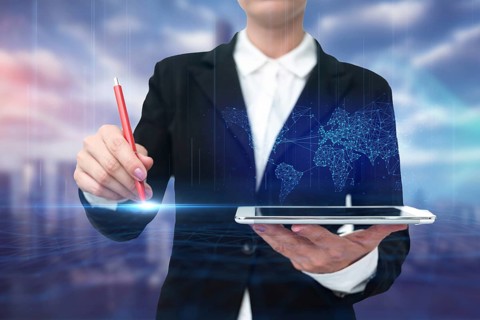 Lady In Uniform Standing Holding Tablet Typing Futuristic Technologies