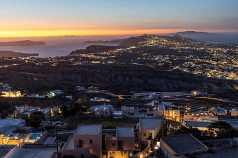 Evening mood after sunset, view from Pyrgos to Fira, Archipelago of Santorini, Cyclades, Greece