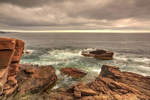 View of the rocky cliff shore line at Acadia National Park. Maine, New England, USA - HDR Image
