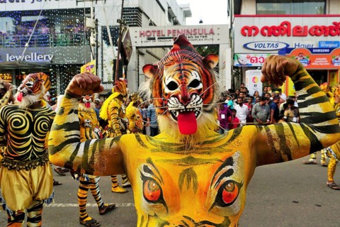Pulikali Tiger Dance procession, Onam festival, Thrissur, Kerala, India, Asia