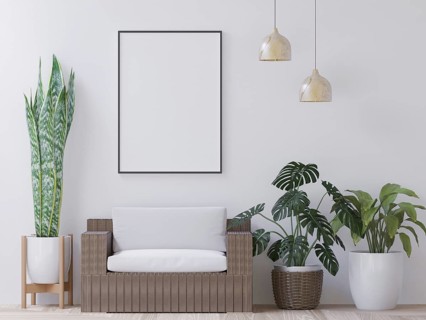 Living room on the white wall, little tree and couch minimal style, frame form mock up - 3D