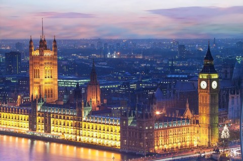 Elevated view of the Houses of Parliament at dusk, London, England, United Kingdom
