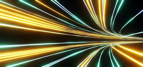 Dark background with colorful track of glowing lines, curve path of speed lights, futuristic speedy