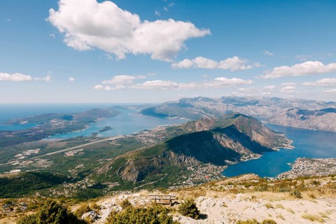 View from the observation deck of Mount Lovcen to the azure water of the Bay of Kotor.