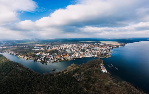 Aerial high resolution panorama shot of Friedrichshagen, Koepenick in south east Berlin in spring