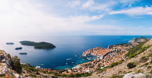 Aerial top view on the old city of Dubrovnik, from the observation deck on the mountain above the