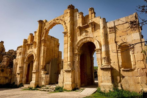 South Gate at historical Roman ruin site of Gerasa, Jerash, Jordan. Travel and tourism in Jordan