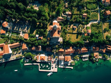 Prcanj, Montenegro The Bay of Kotor. Church of the Nativity of the Virgin. Aerial photography,