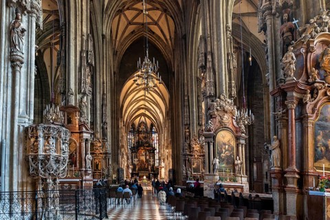 Vienna, Austria, 22 September, 2022: view of the central nave and altar during morning church