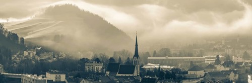 Morning atmosphere and morning fog over the Calvary, Waasenkirche church and old grammar school,