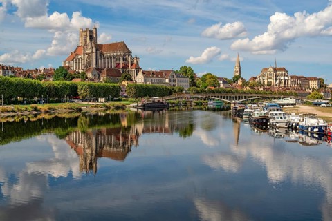 The three churches of Auxerre seen from Pont Paul Bert, Yonne river, Auxerre, departement Yonne,
