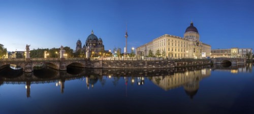 Panorama of Berlin Cathedral, the famous television tower and the rebuilt City Palace at night