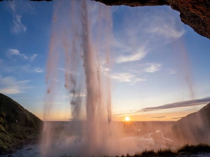 Sunset at Seljalandsfoss waterfall, South Iceland, Iceland