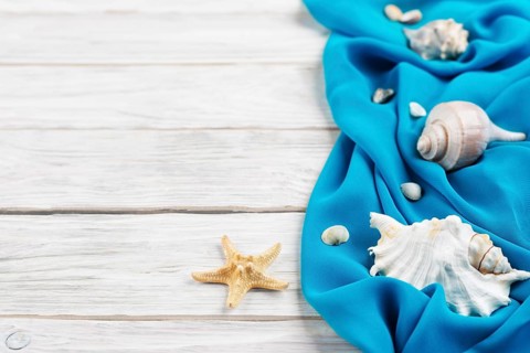 Seashells, blue fabric and starfish on white planks vacation planning background flat lay with