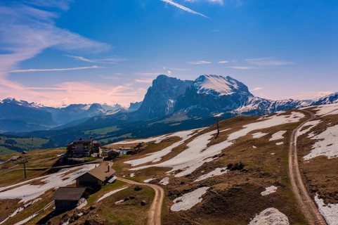 Panoramic view from the Seiser Alm to the Dolomites in Italy, drone shot