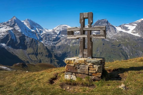 Summit cross at the Grossglockner hig alpine road in the High Tauern mountains