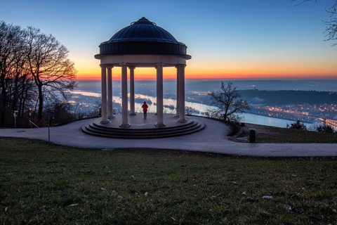 Beautiful temple in a landscape shot. Sunrise on a winter morning. Beautiful view along the Rhine