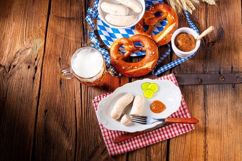 Bavarian veal sausage pretzels and beer at the Oktoberfest